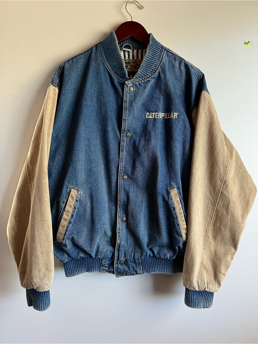 Vintage Caterpillar Denim Bomber  Jacket Mens L Workwear CAT Snap Front 80s 90s